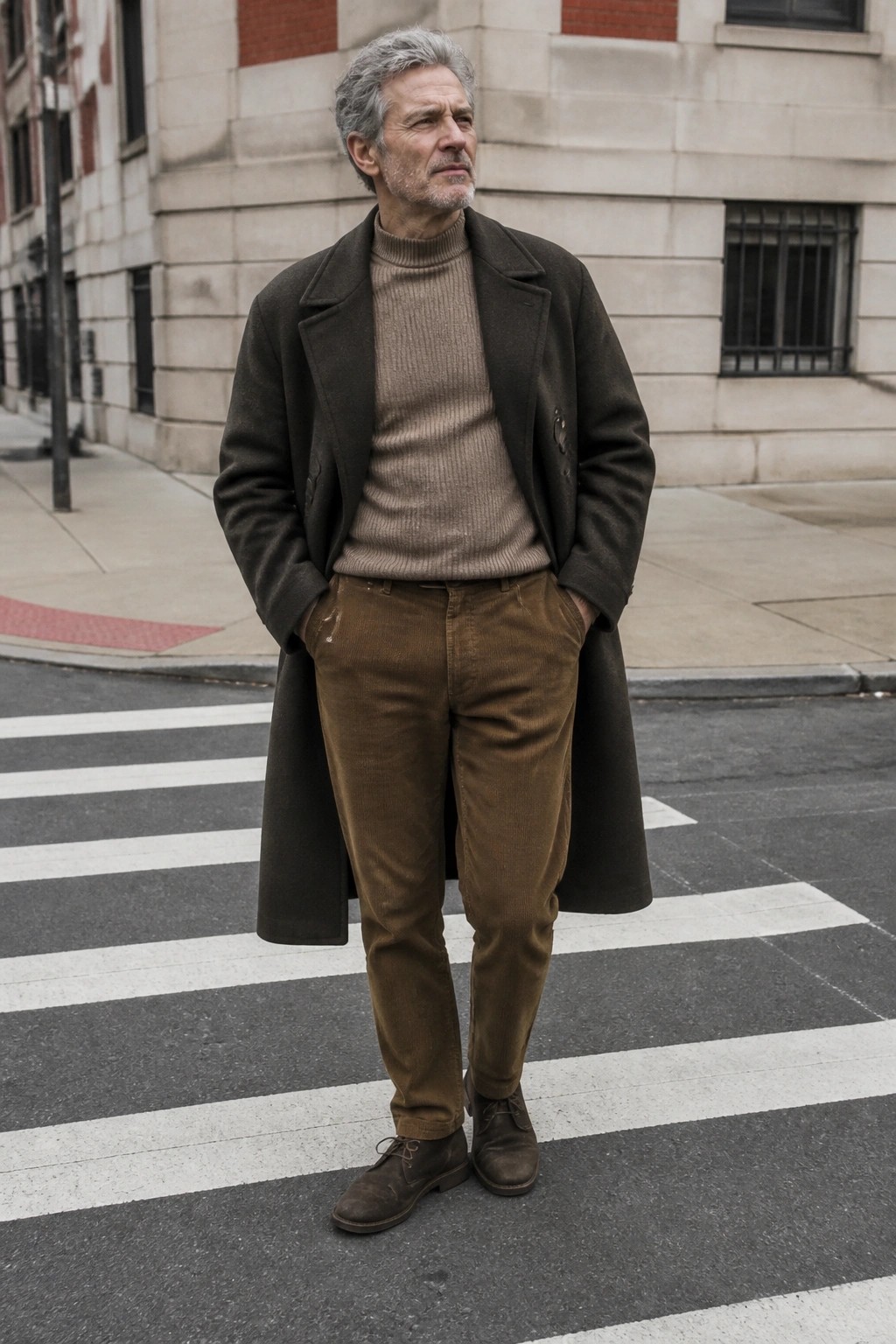 Man over 50 wearing a long dark wool overcoat open over a beige ribbed turtleneck sweater, paired with brown corduroy trousers and brown suede shoes, standing with hands in pockets on a city street.