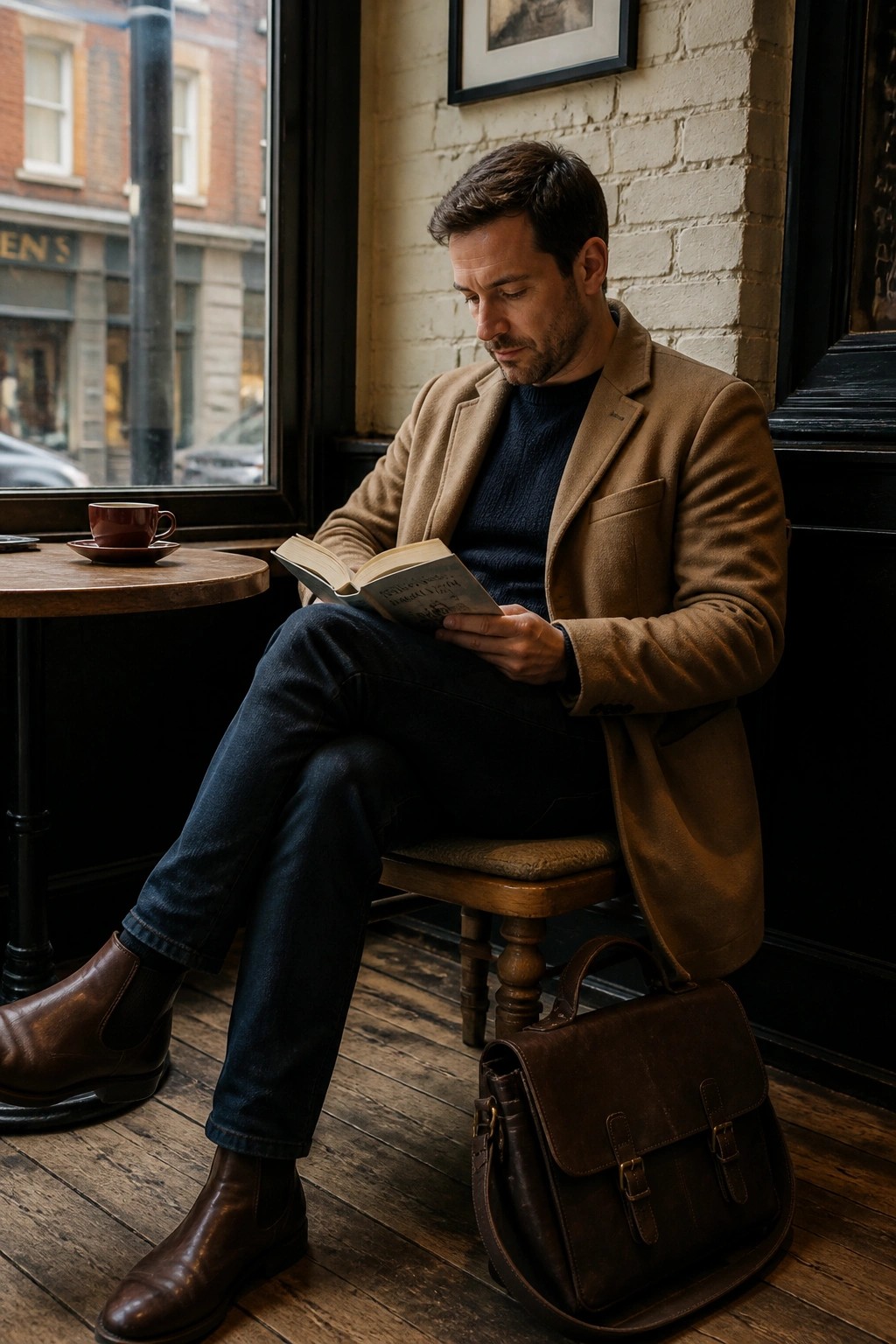 Man in tan blazer reads book beside coffee cup and leather satchel