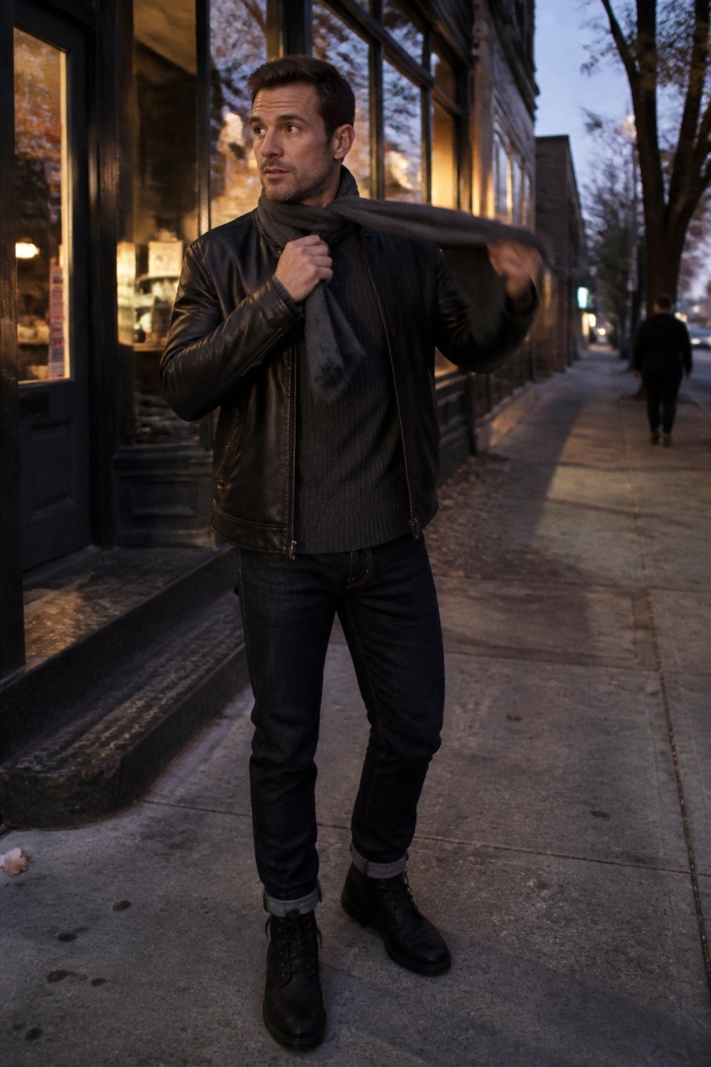 Man in black leather jacket adjusting gray scarf on dusk city sidewalk