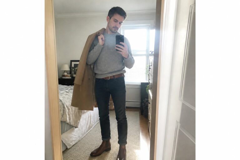 Man in gray sweater holds tan coat while taking bedroom mirror selfie with phone.