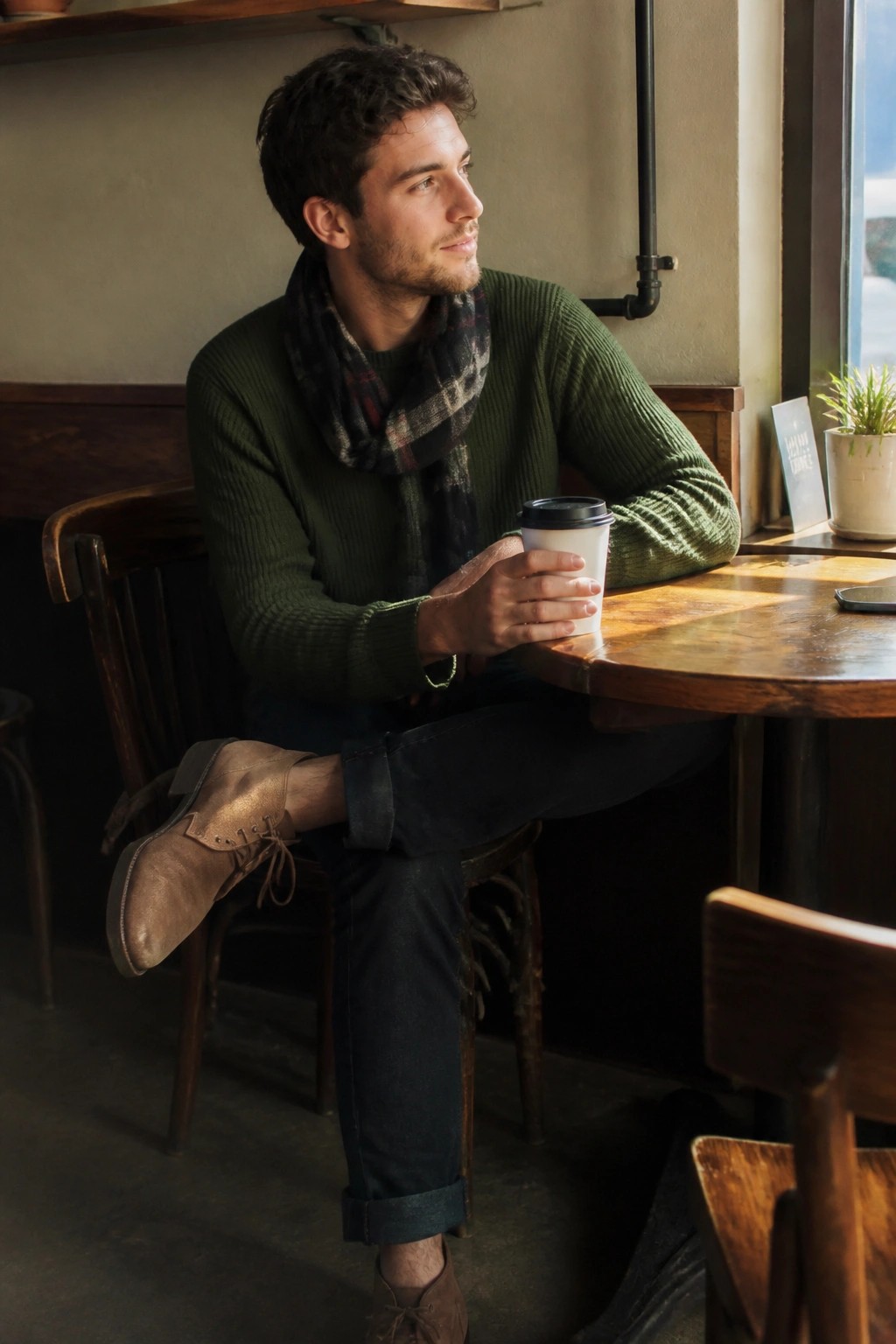 Man in green sweater and plaid scarf holds coffee at wooden cafe table