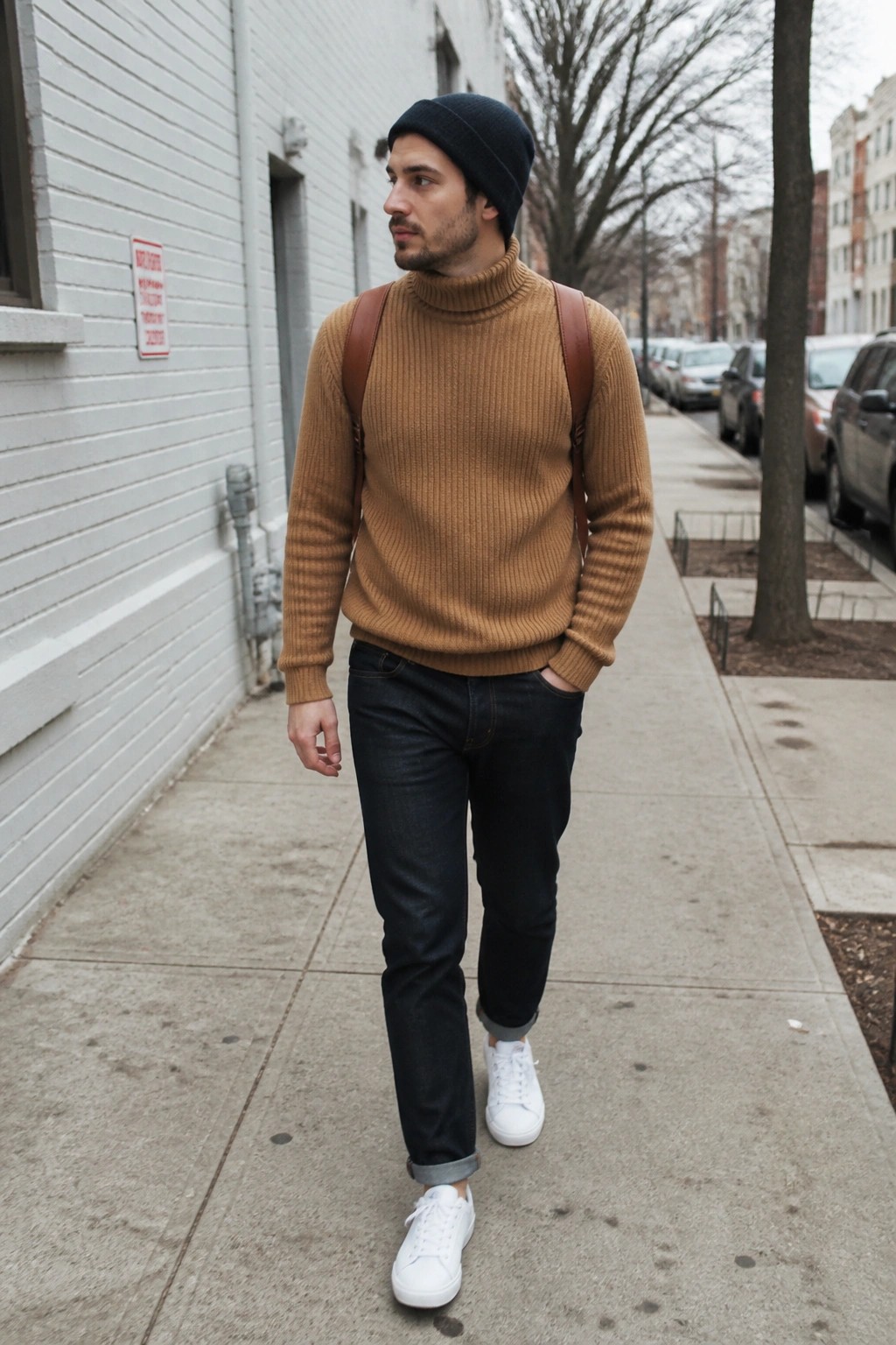 Man in brown turtleneck, black beanie, jeans, white sneakers with brown backpack on sidewalk.
