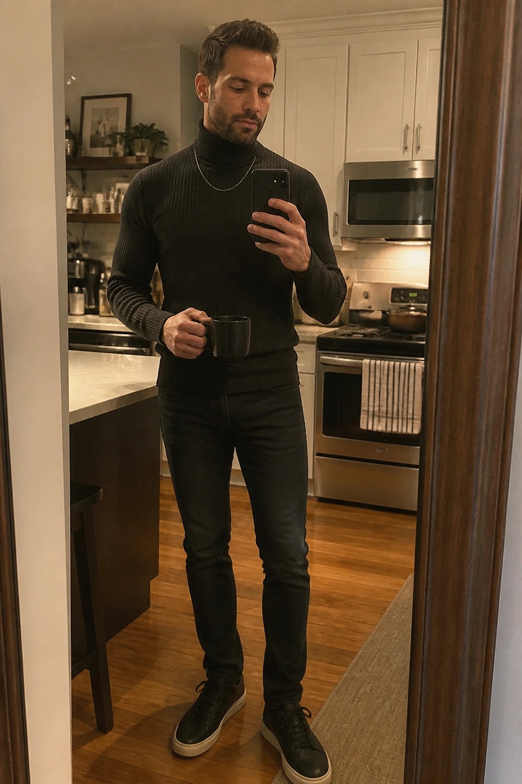 Man in black turtleneck and jeans holding mug and phone in kitchen