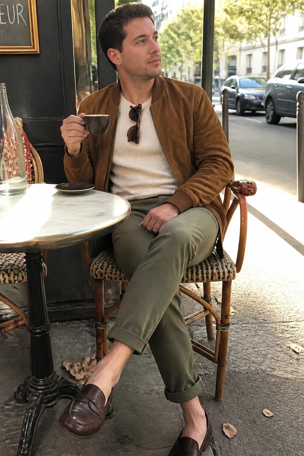 Man in brown suede jacket and green pants holds coffee at outdoor cafe table.