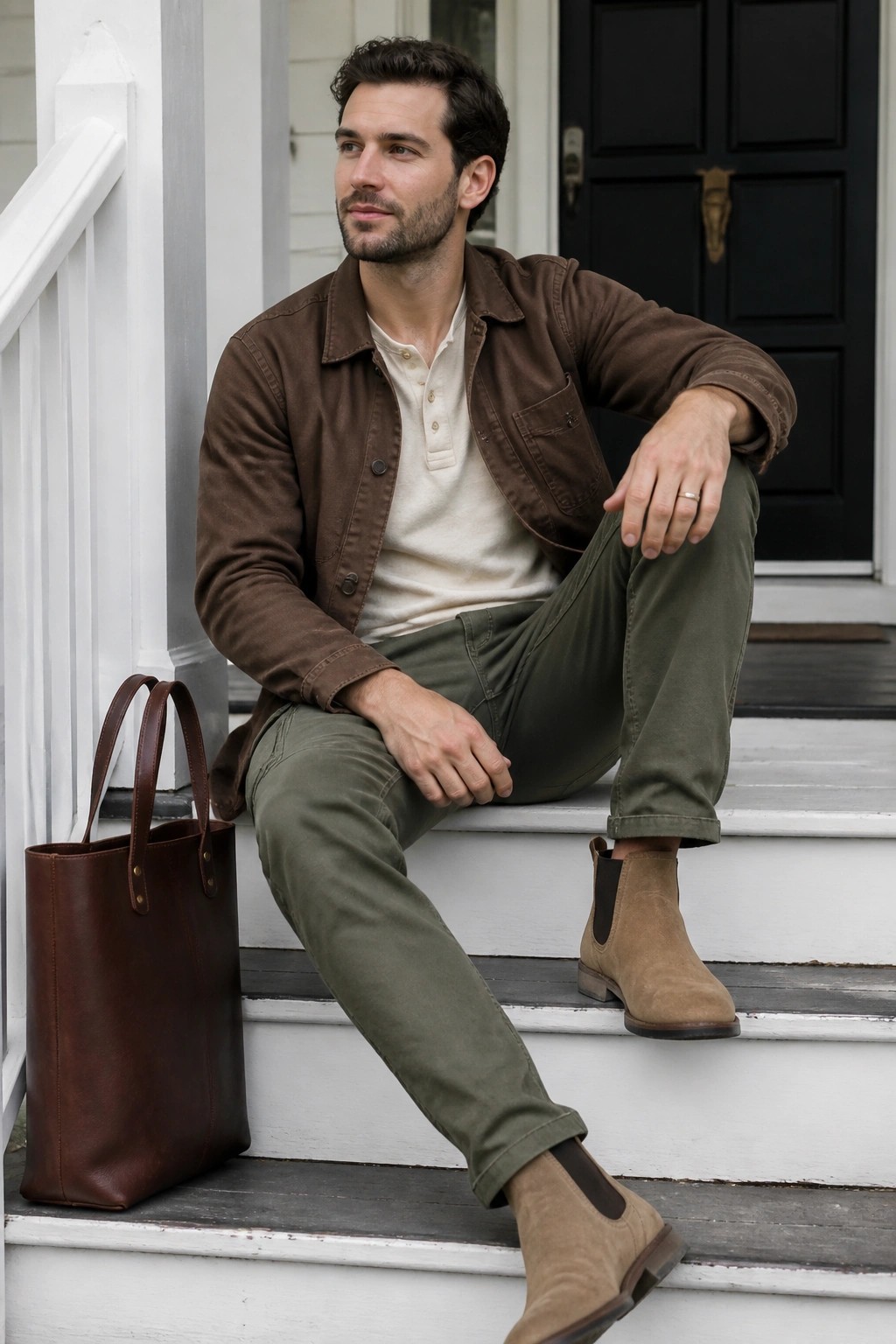 Man in brown jacket and green pants sits on porch steps beside leather tote bag.