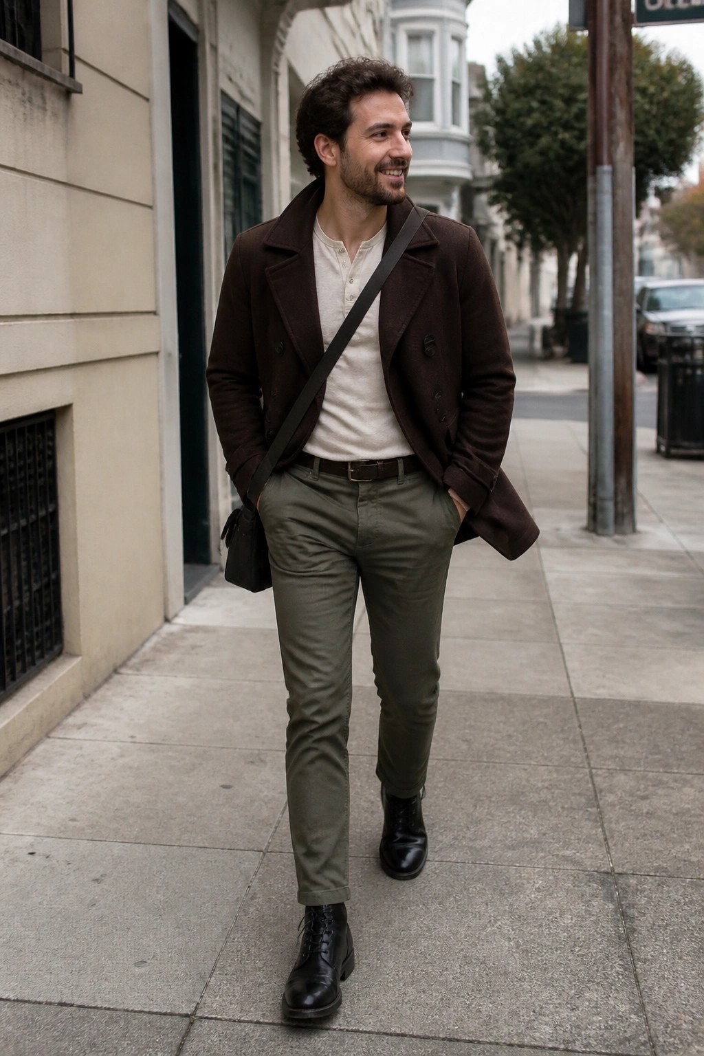 Smiling man in brown jacket and olive pants walks city sidewalk with bag.