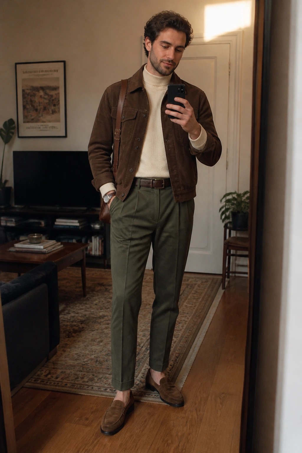 Man in brown suede jacket and olive pants taking mirror selfie in living room