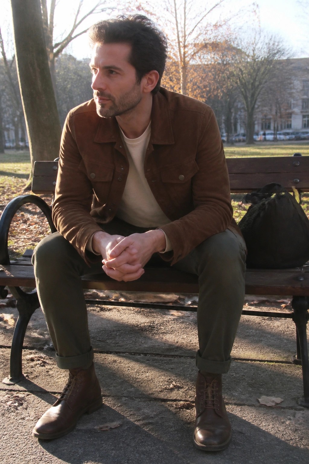 Man in brown suede jacket and green pants sits on park bench with bag