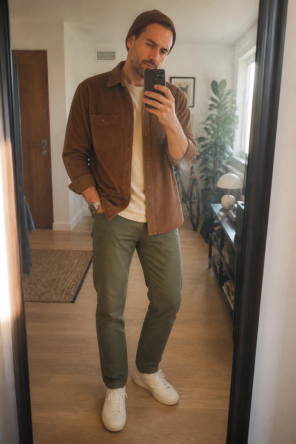 Man in brown corduroy shirt, green pants, and beanie taking mirror selfie.