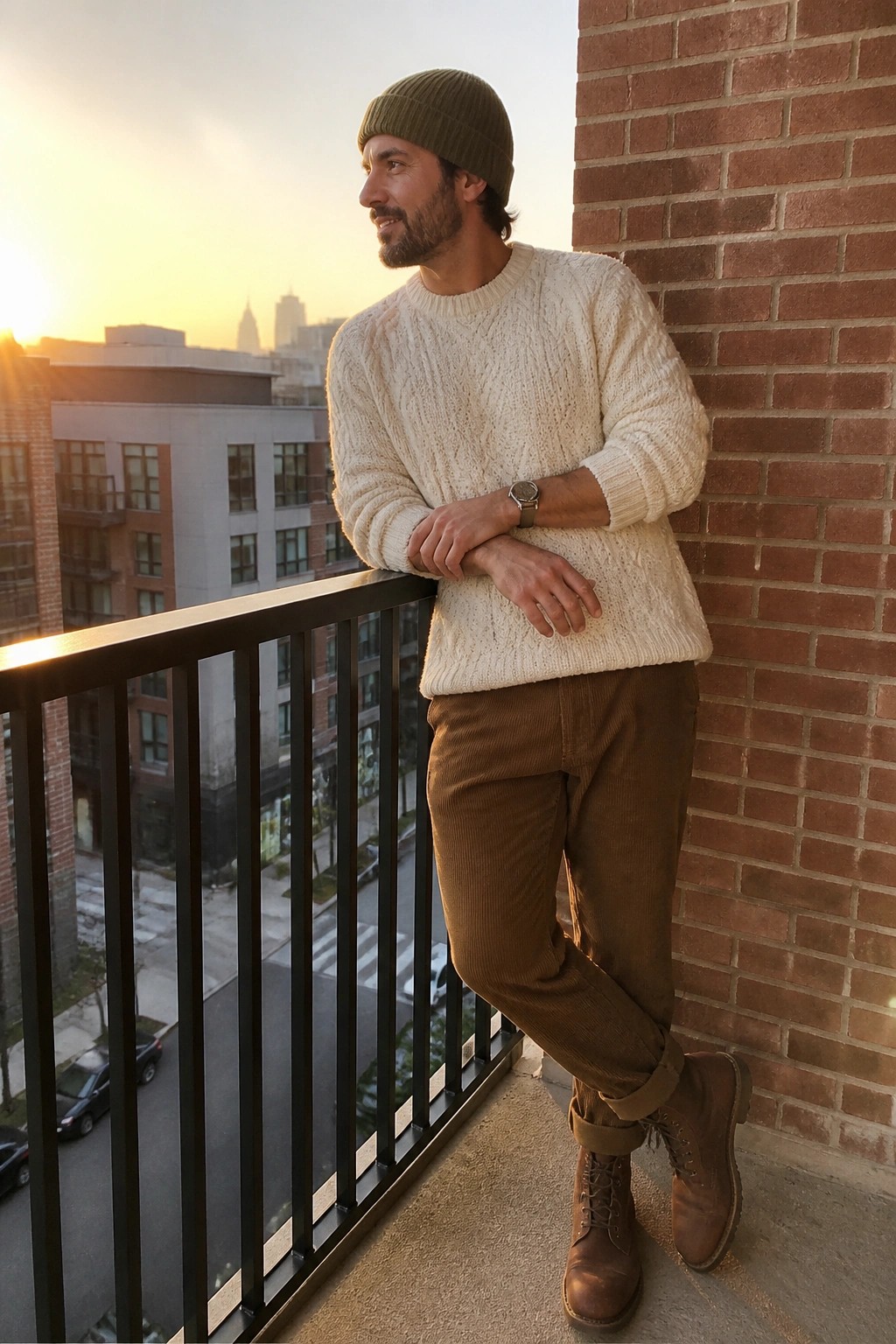 Man in green beanie and cream sweater leaning on urban balcony at sunset