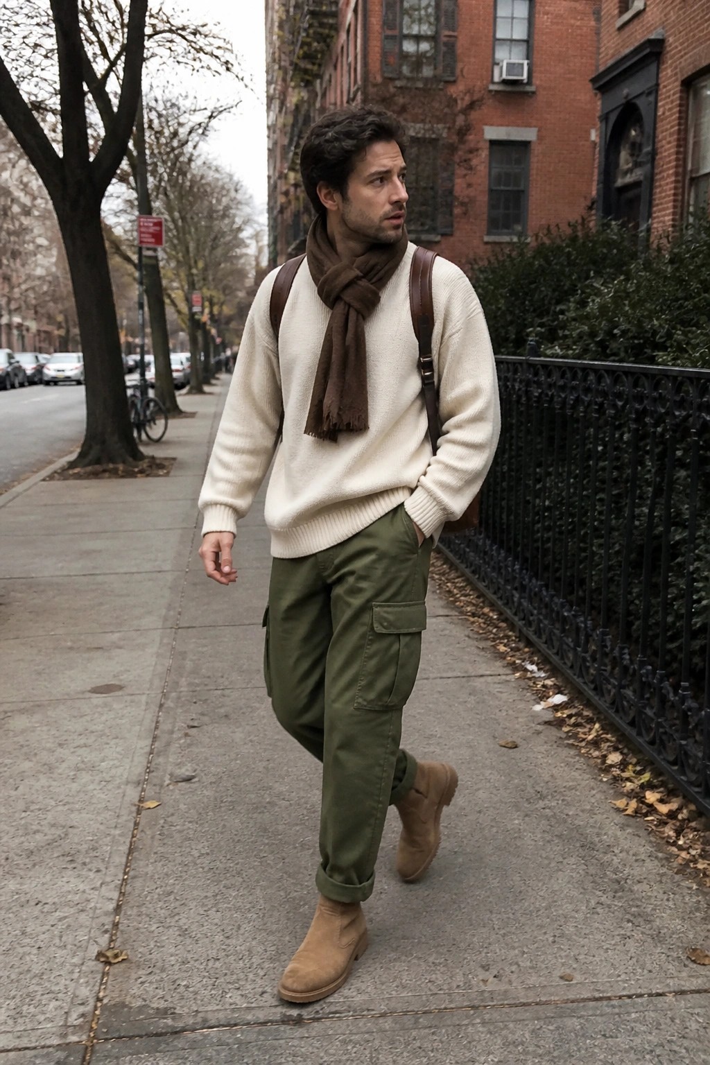 Man in cream sweater, brown scarf, green cargo pants, and suede boots on sidewalk.