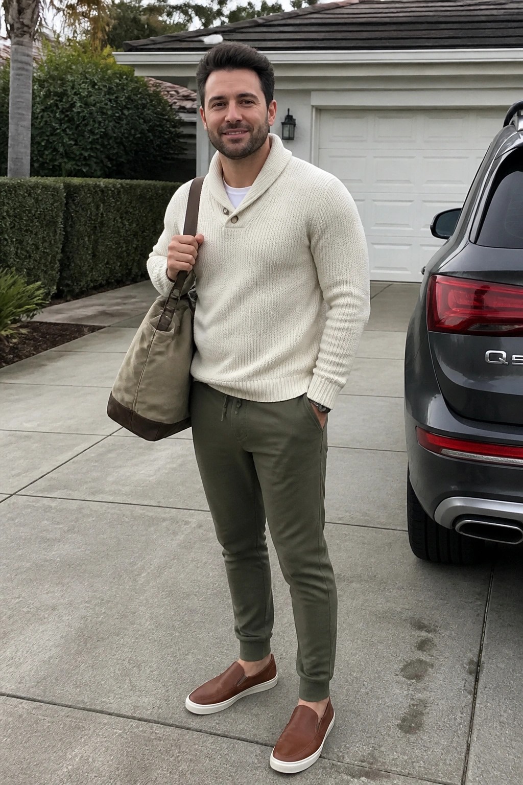 Man wearing cream shawl collar knit sweater over white tee with olive jogger pants brown slip on shoes and canvas tote bag standing on driveway next to gray SUV