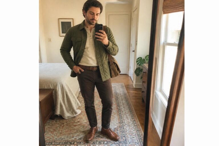 Man in olive quilted jacket over cream henley shirt, brown pants, braided brown belt, brown leather shoes, and green messenger bag standing in a bedroom mirror selfie.