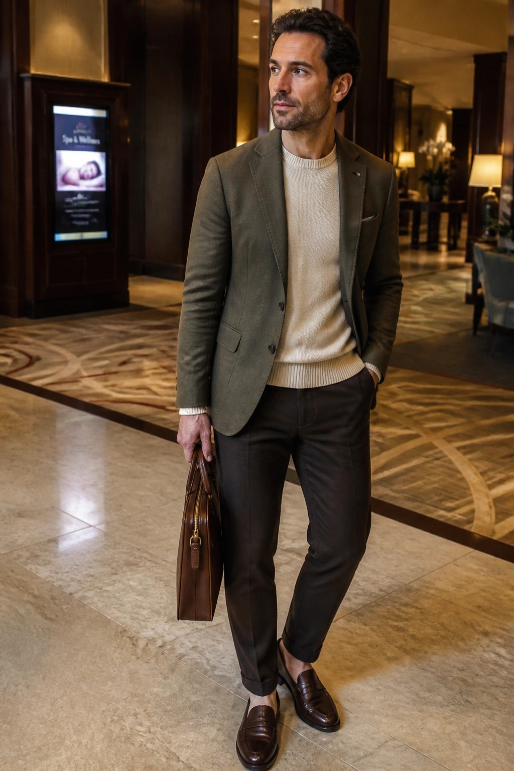 Man in olive blazer over cream sweater holding brown briefcase in lobby