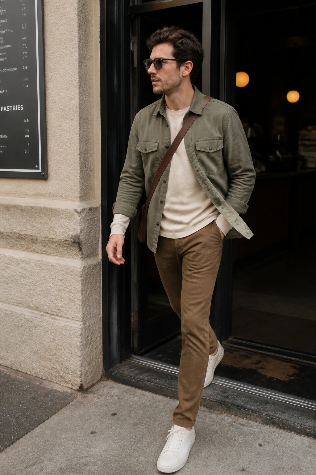 Man in green overshirt, beige tee, brown pants, white sneakers by pastry shop doorway.