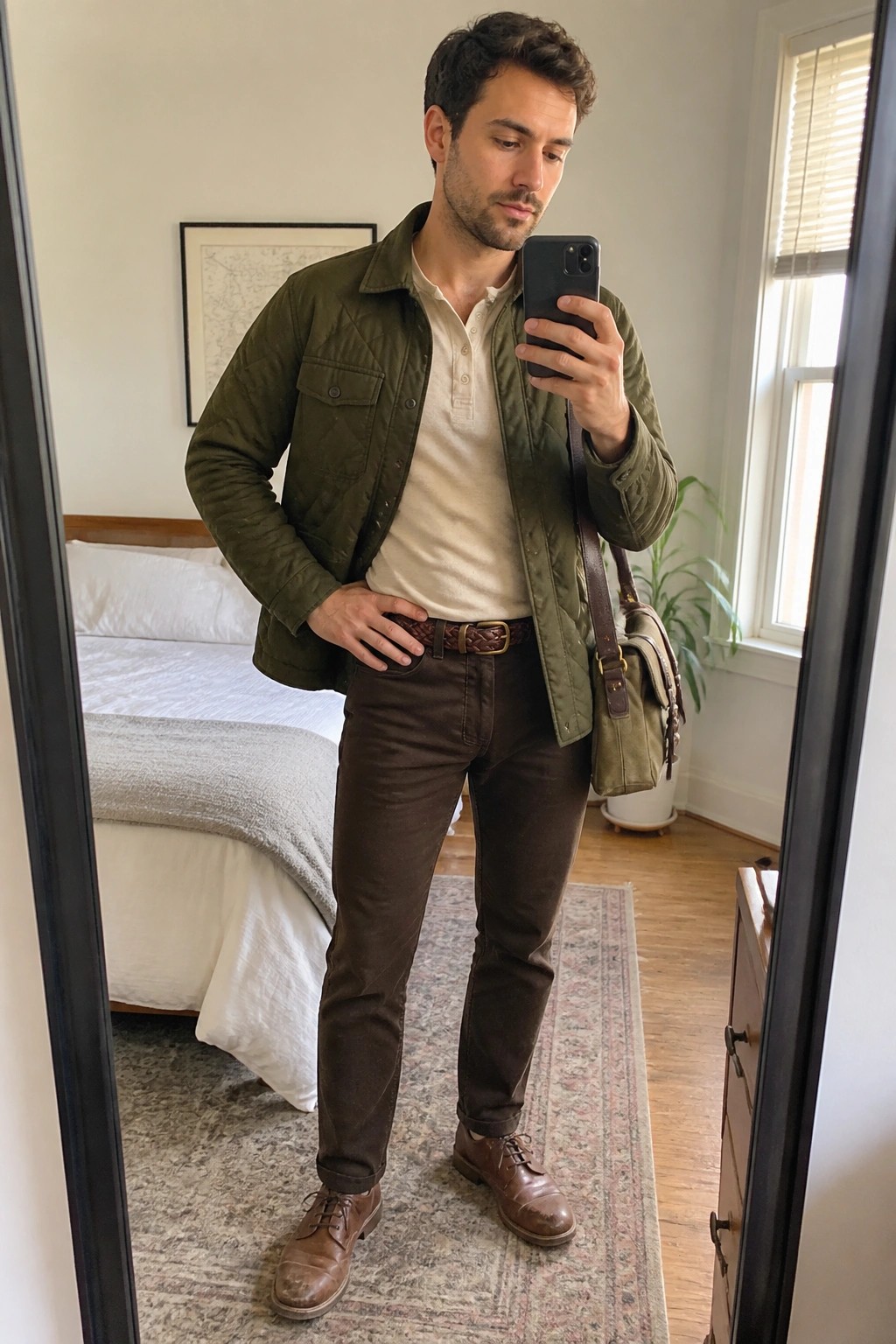 Man in olive quilted jacket over cream henley shirt, brown pants, braided brown belt, brown leather shoes, and green messenger bag standing in a bedroom mirror selfie.