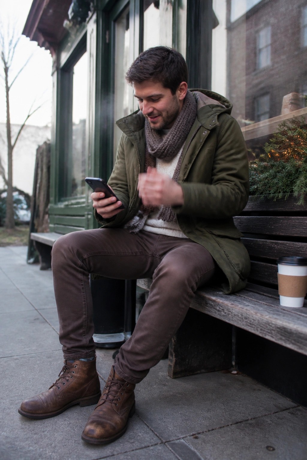 Man in green jacket and scarf views smartphone on bench beside coffee cup