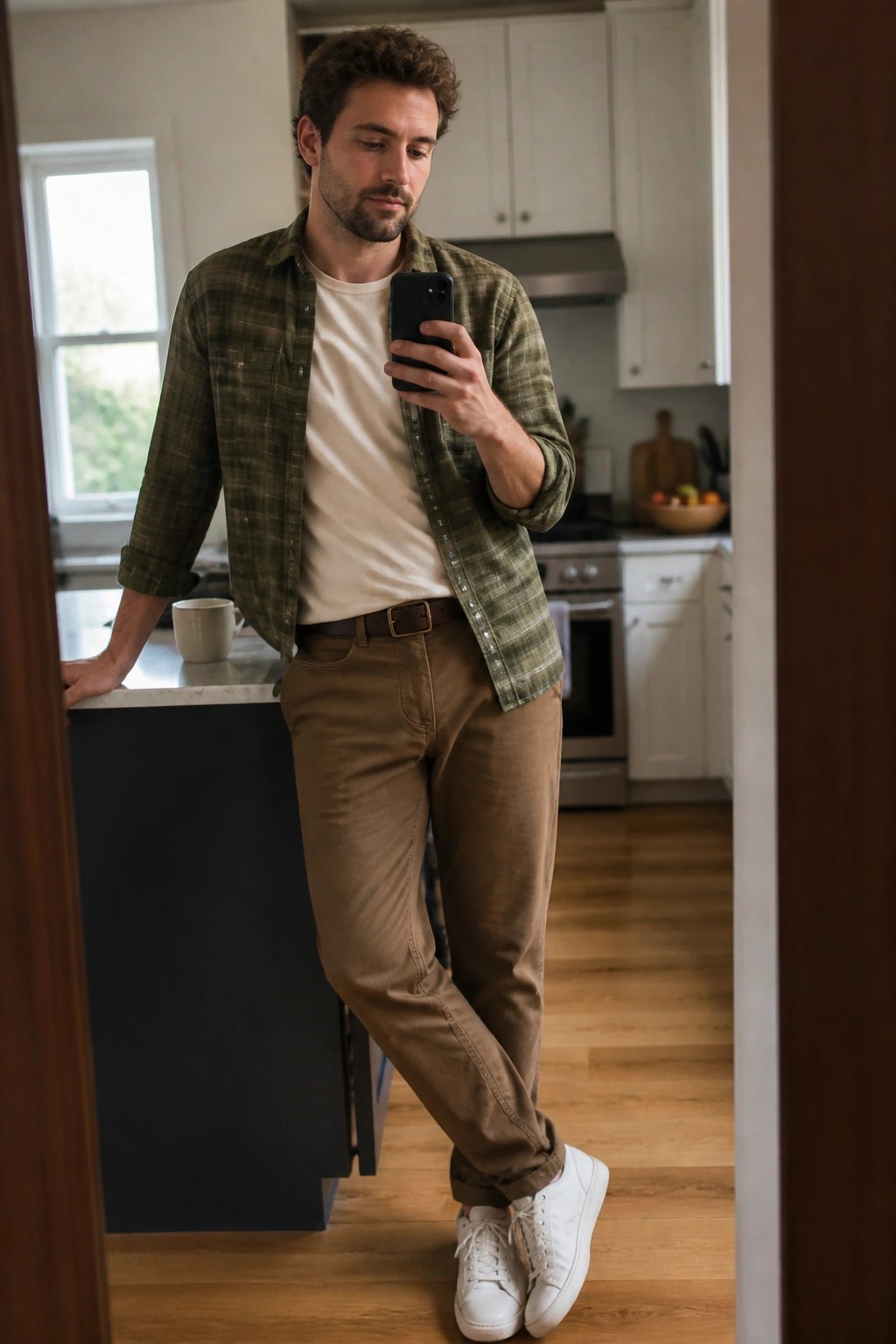 Man in green plaid shirt taking mirror selfie in kitchen
