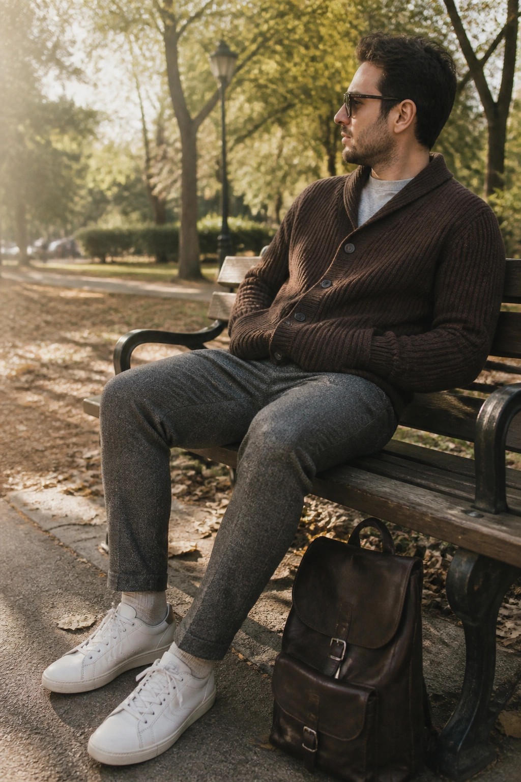 Man in brown cardigan and sunglasses sits on park bench beside leather backpack