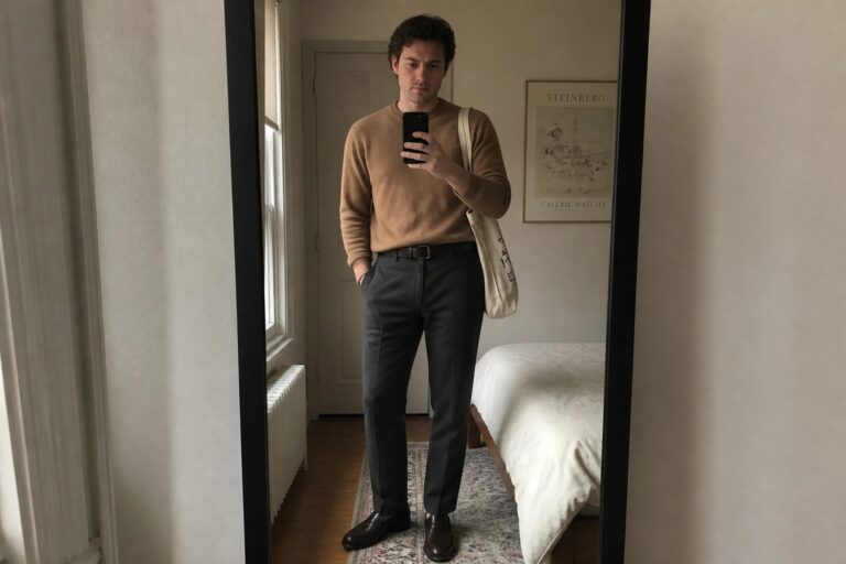 Curly-haired man in beige sweater and dark trousers taking bedroom mirror selfie.