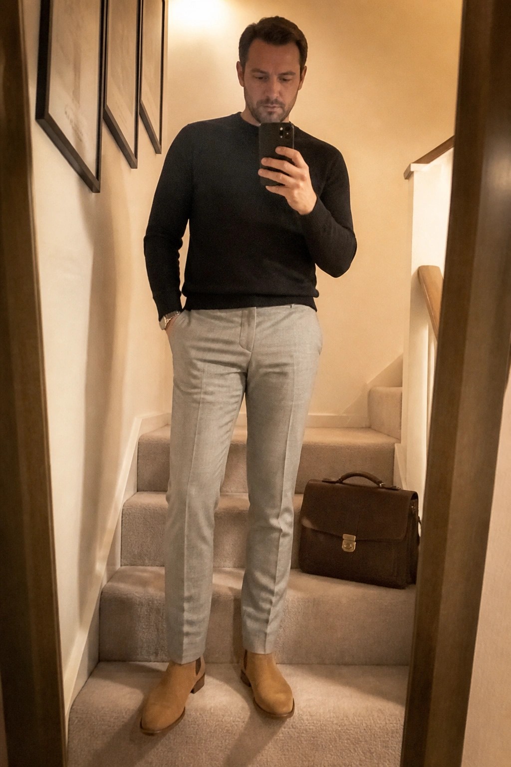 Man in black sweater and gray pants taking selfie on carpeted stairs with brown bag