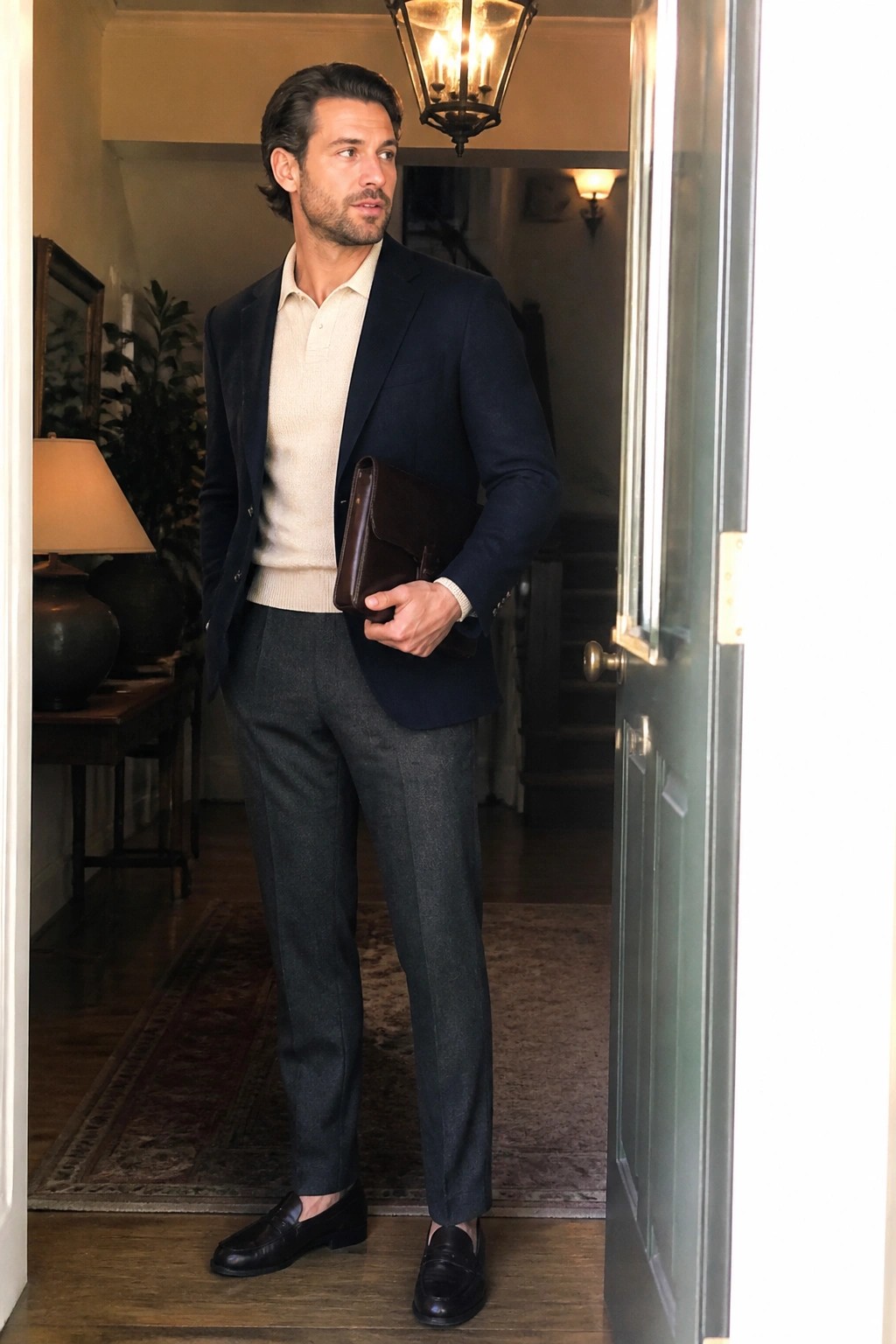 Man in navy blazer and cream sweater holding brown leather briefcase in doorway