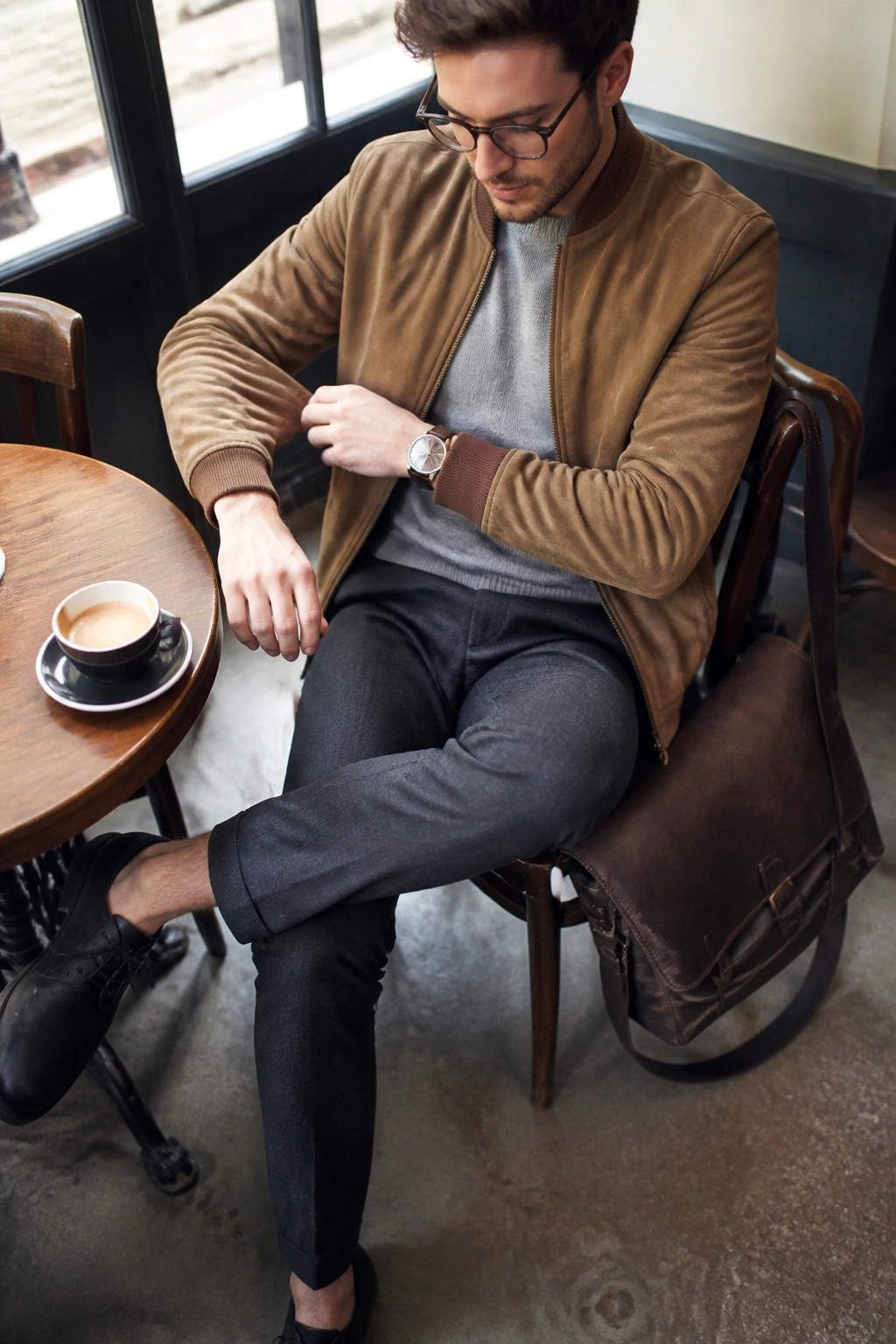 Man in brown suede jacket checks watch at cafe table with coffee and leather bag