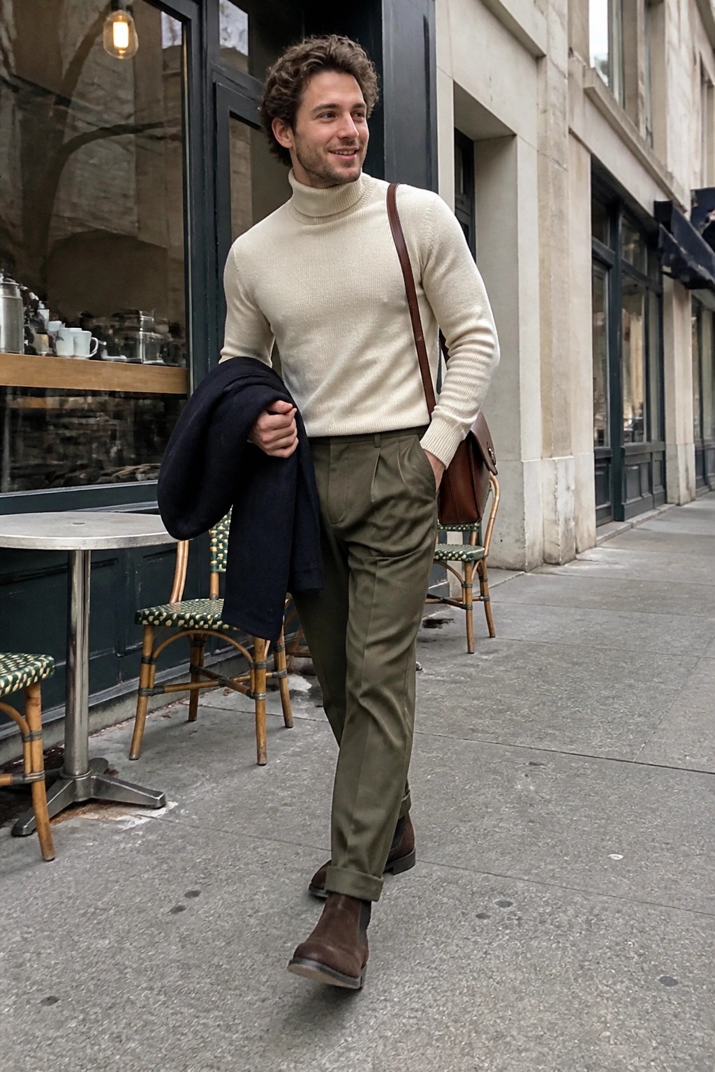 Man in cream turtleneck and olive pants carrying navy coat on city sidewalk