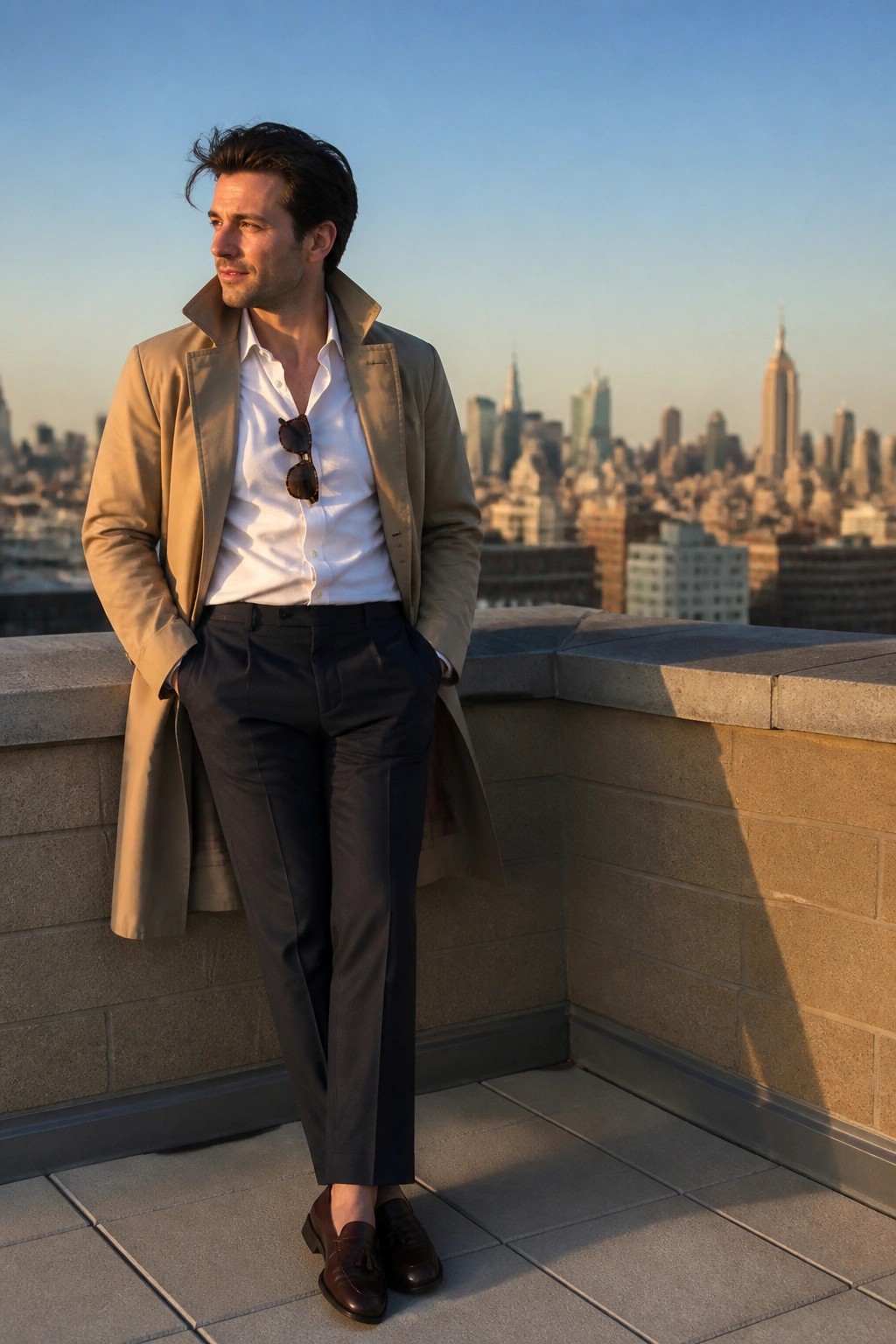 Man in beige trench coat and white shirt on rooftop overlooking city skyline.