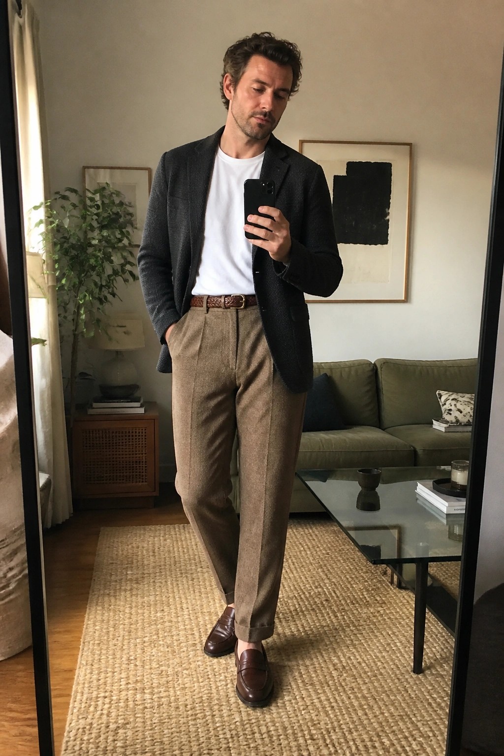 Man in dark blazer, white tee, brown trousers, and loafers taking mirror selfie