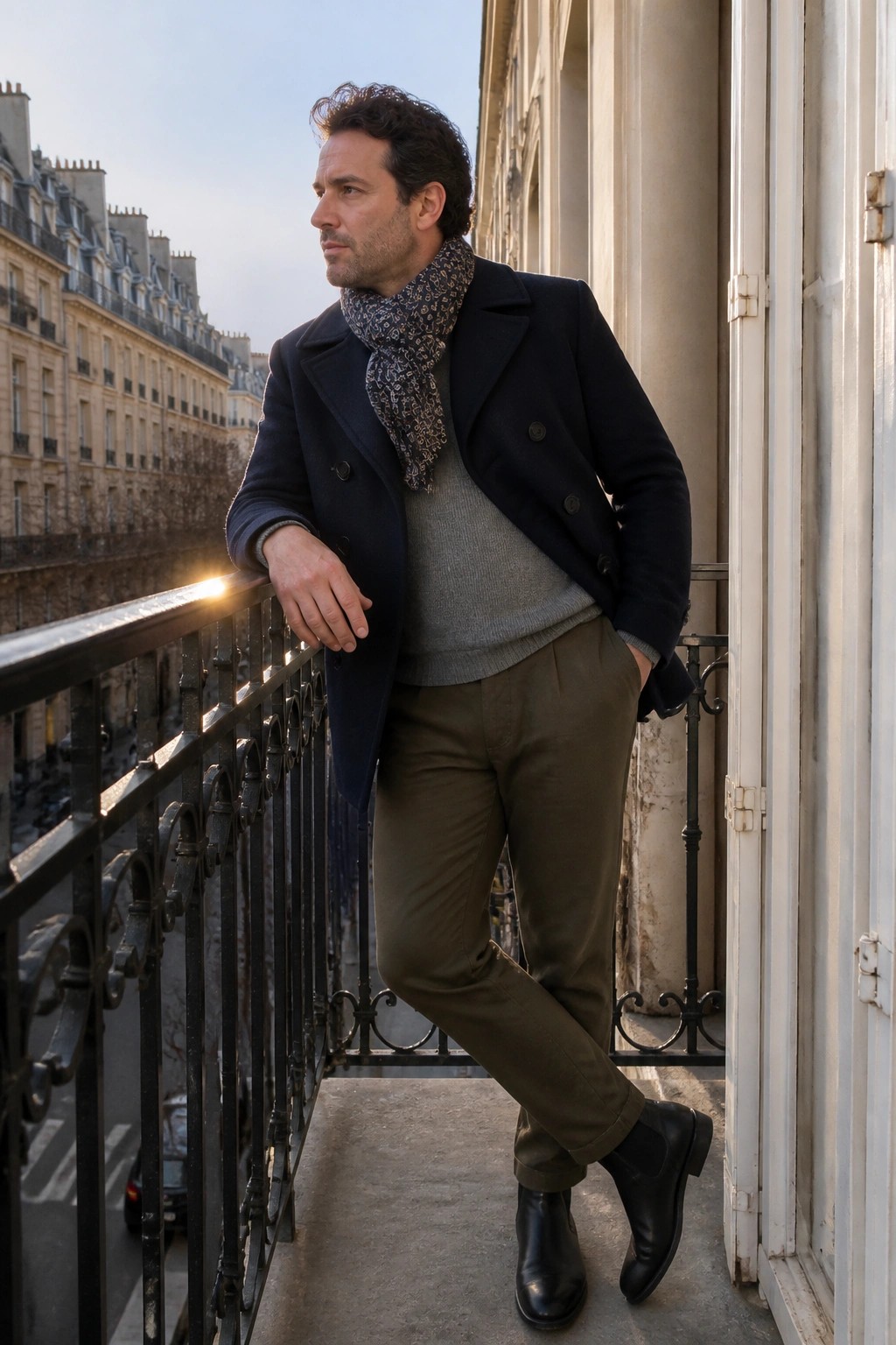 Man in navy peacoat and scarf leans on ornate Parisian balcony railing