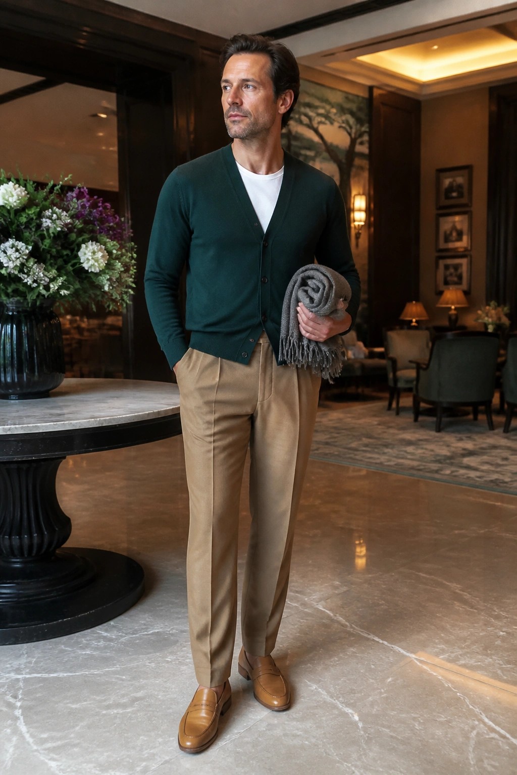 Man in green cardigan and tan pants holding gray scarf in elegant lobby