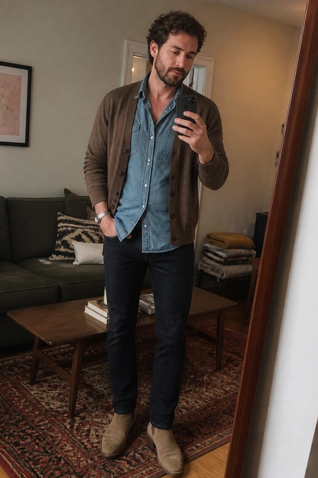 Bearded man in brown cardigan and blue denim shirt taking mirror selfie indoors