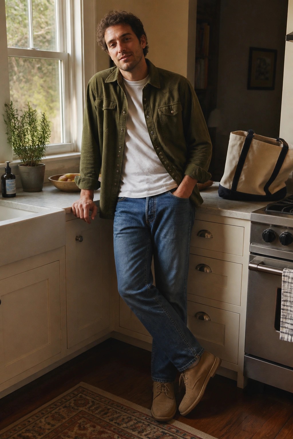 Man in green corduroy shirt and jeans leaning on kitchen counter