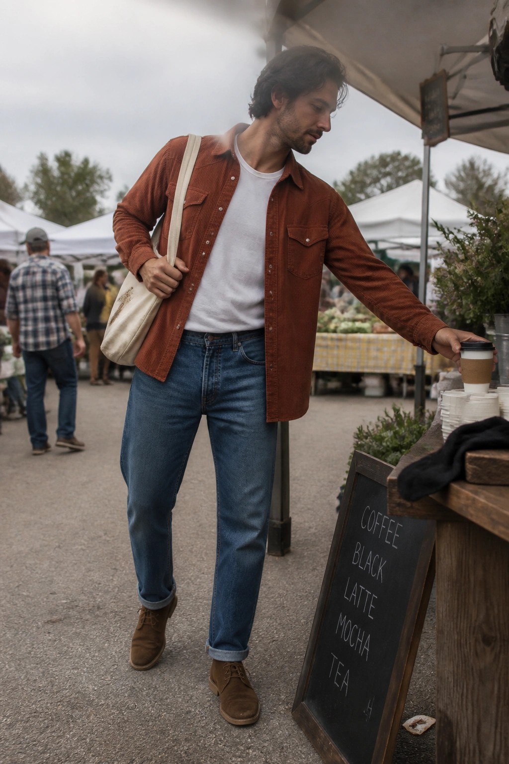 Man in rust corduroy shirt grabs coffee at outdoor market stand with tote bag