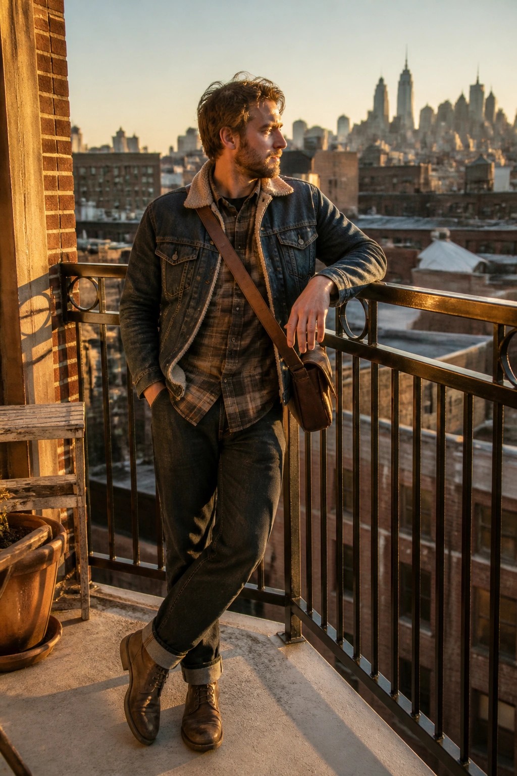 Man in denim shearling jacket leaning on balcony with New York skyline at sunset.