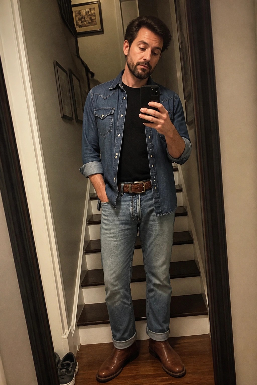 Bearded man in denim shirt and jeans taking mirror selfie on staircase