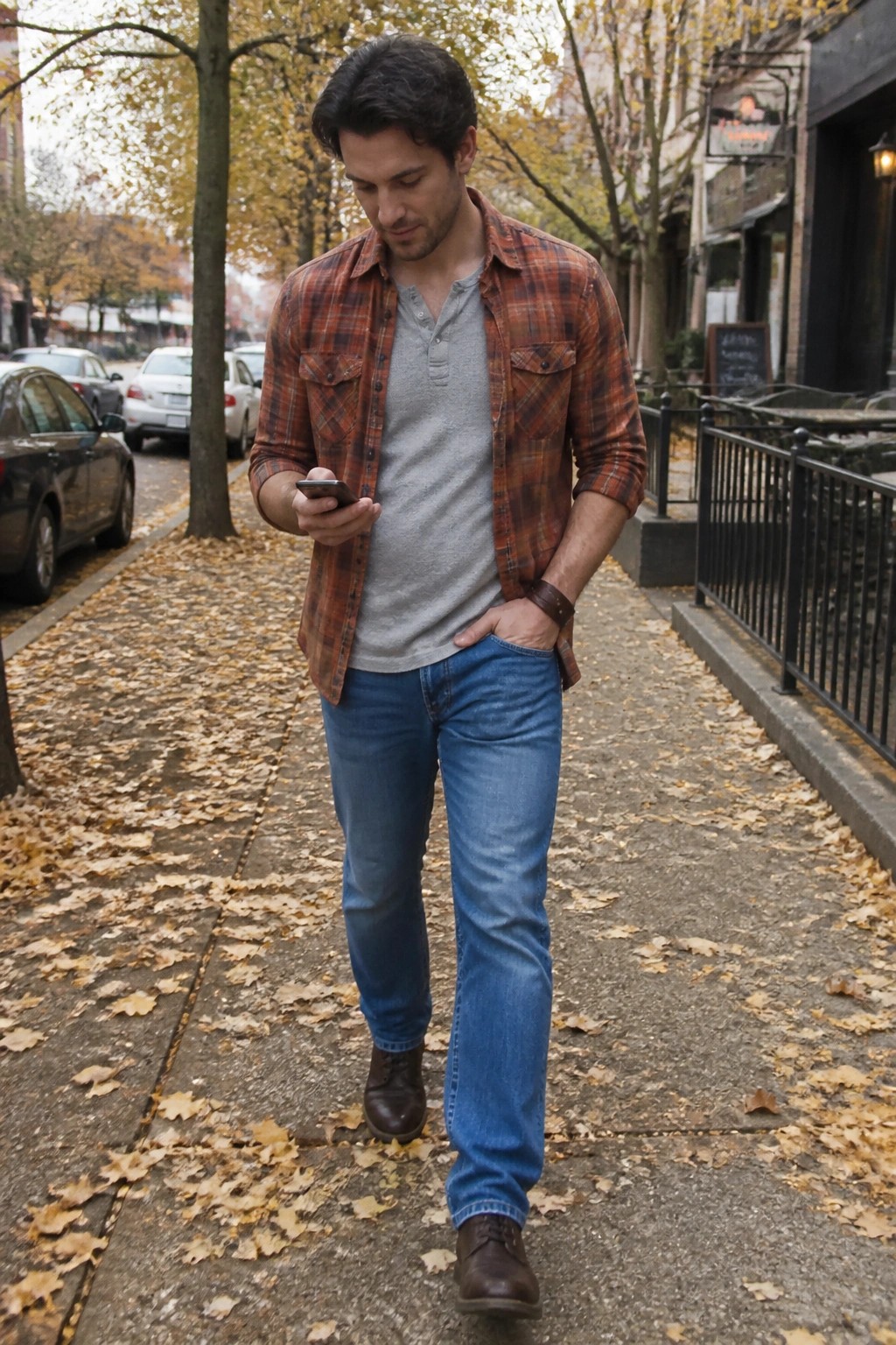 Man in plaid shirt and jeans checks phone on autumn leaf-covered sidewalk.