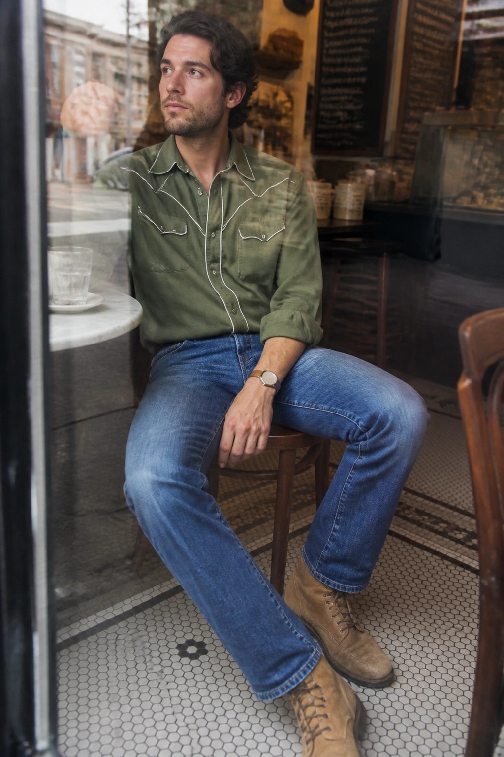 Man in green western shirt and blue jeans seated on stool in cafe