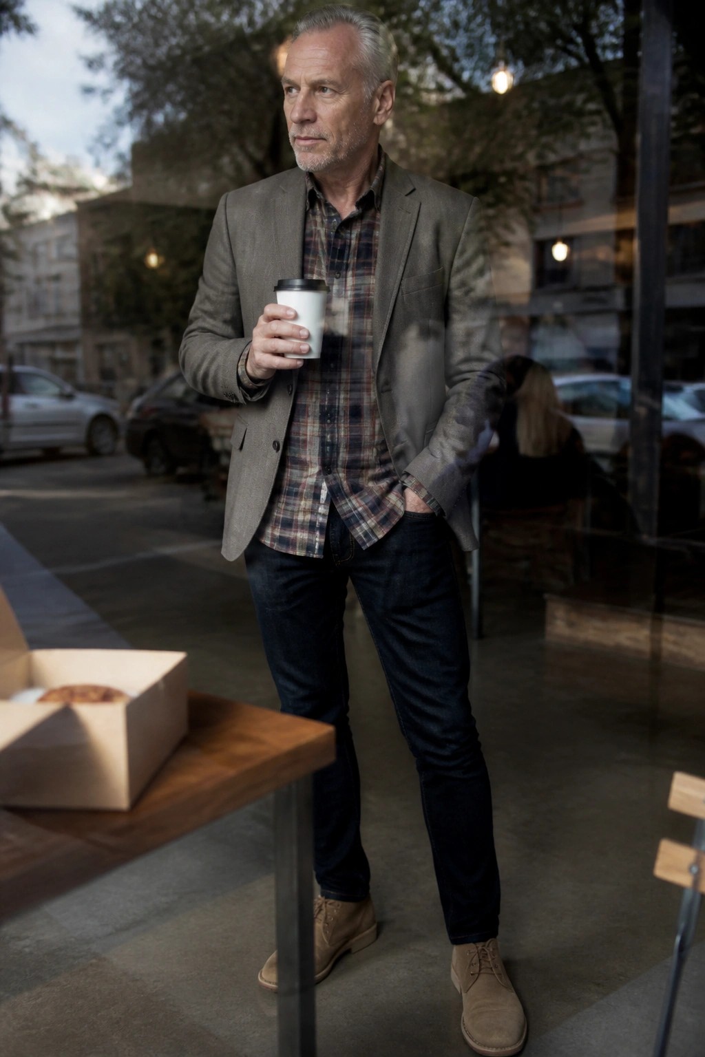 Gray-haired man in plaid shirt and blazer holding white coffee by pastry box