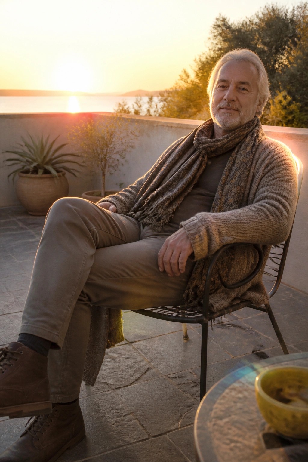 Man over 60 wearing a chunky taupe cardigan over a dark shirt with a patterned scarf, relaxed taupe pants, and brown leather boots in a casual seated pose.