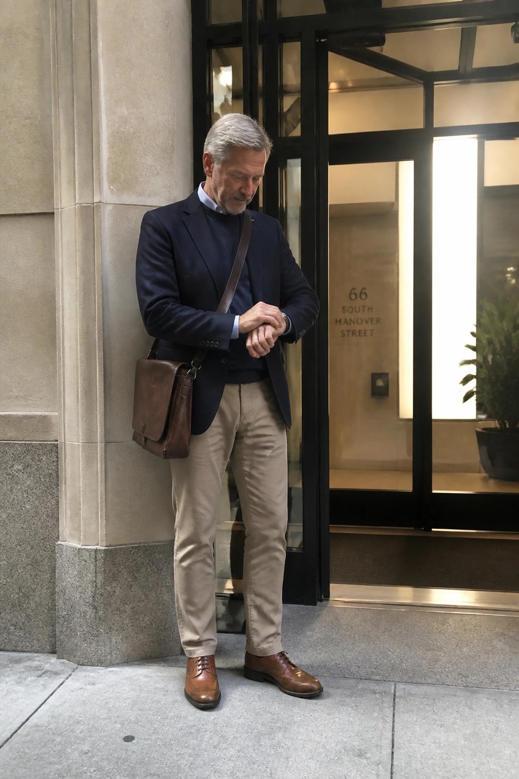 Man in navy blazer and khakis checks watch with brown leather messenger bag.