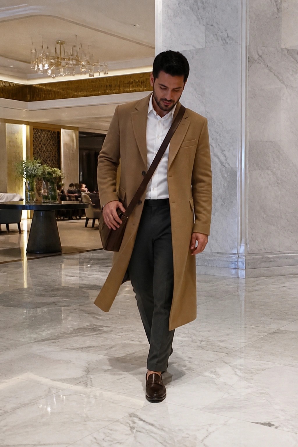 Man in tan overcoat with brown bag walks on marble lobby floor.