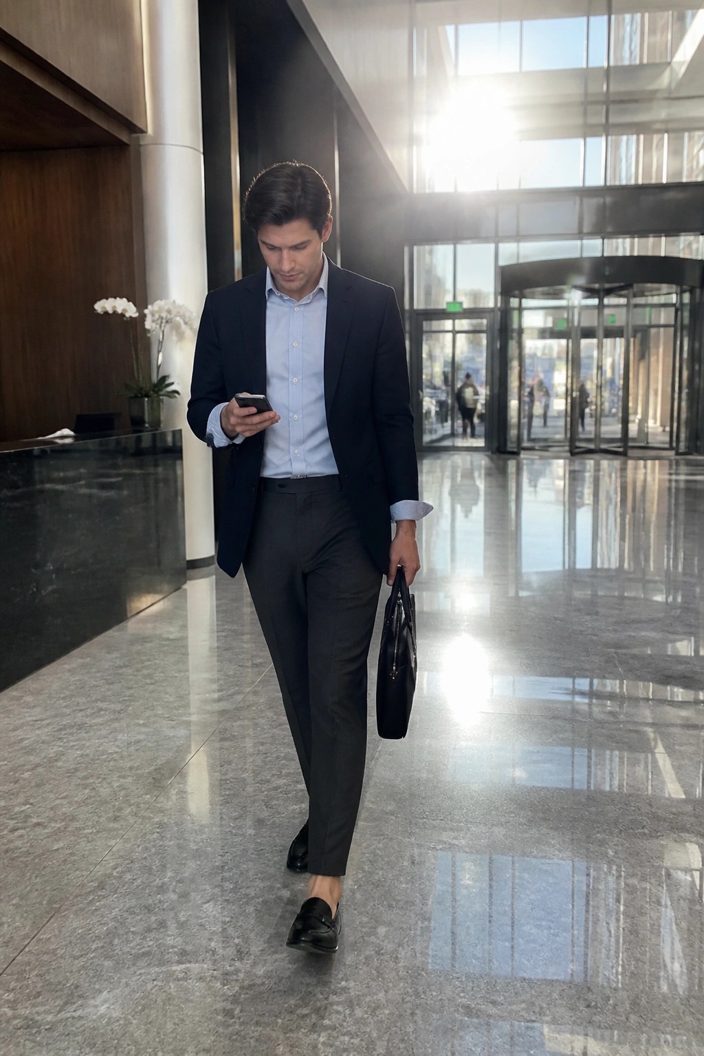 Man wearing navy blazer over light blue oxford shirt with gray trousers and black loafers while holding a black bag in a modern lobby