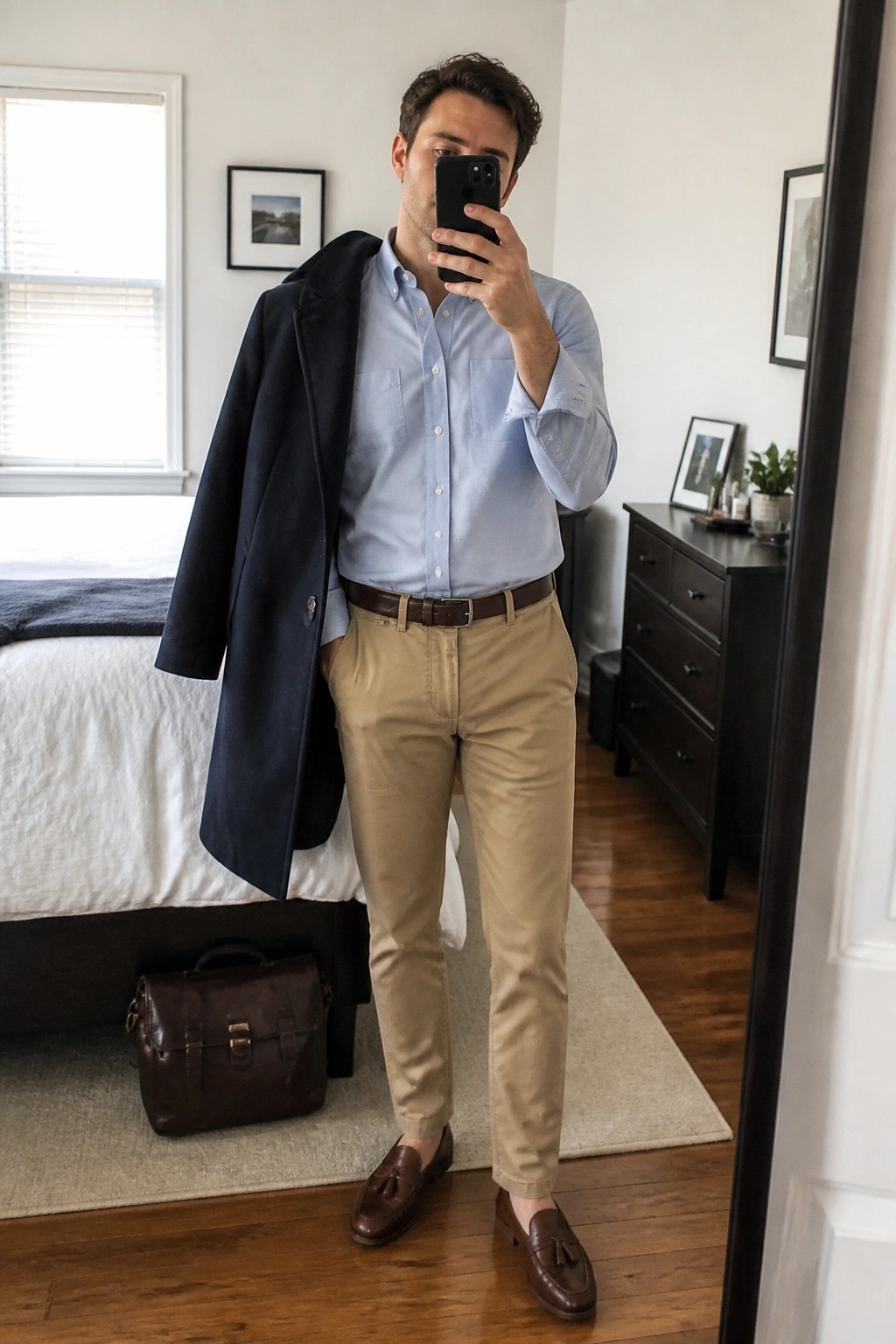 Man in blue shirt and khakis holding navy blazer during mirror selfie in bedroom