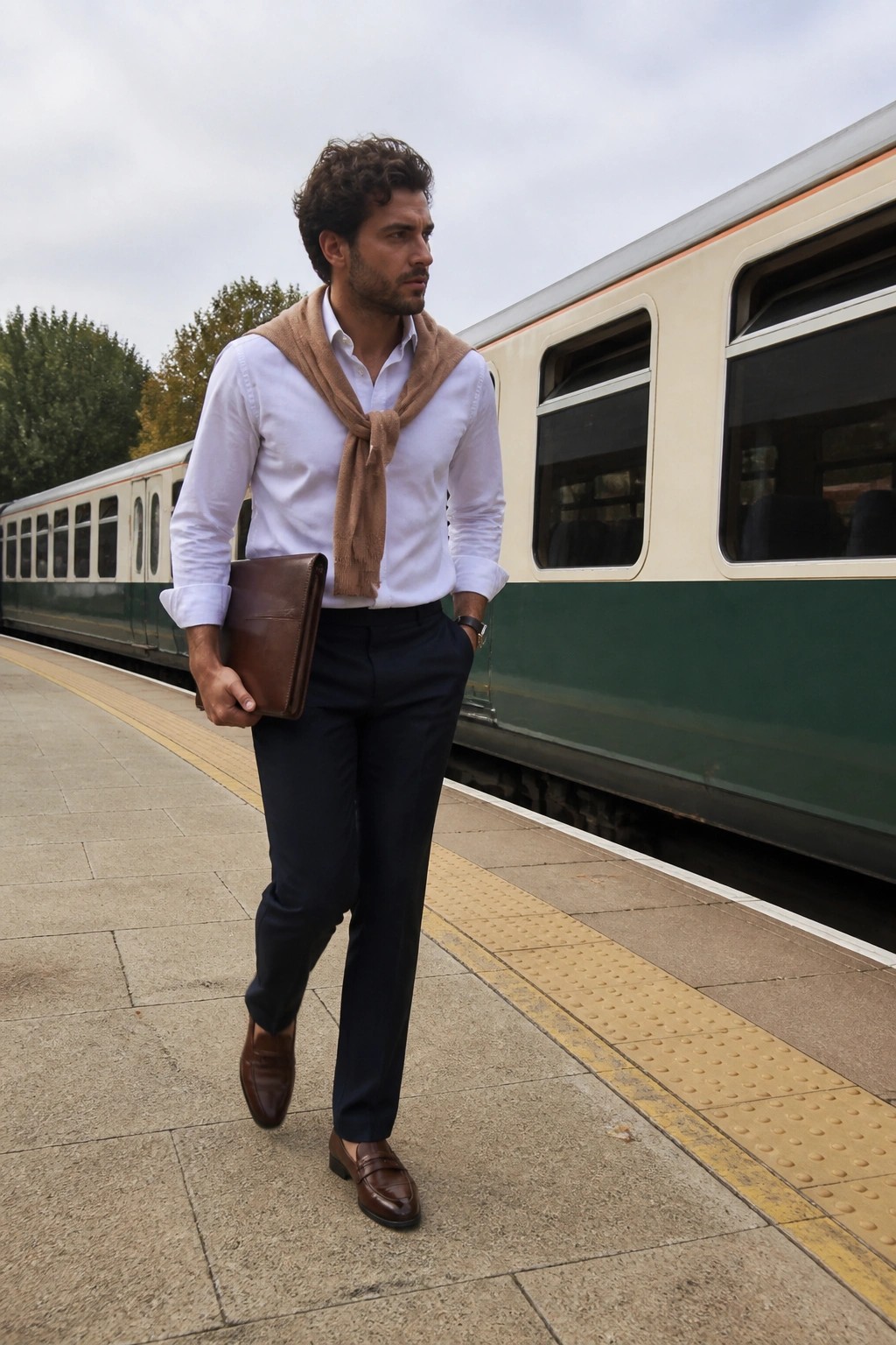 Man in white shirt with beige scarf holds brown leather bag on train platform
