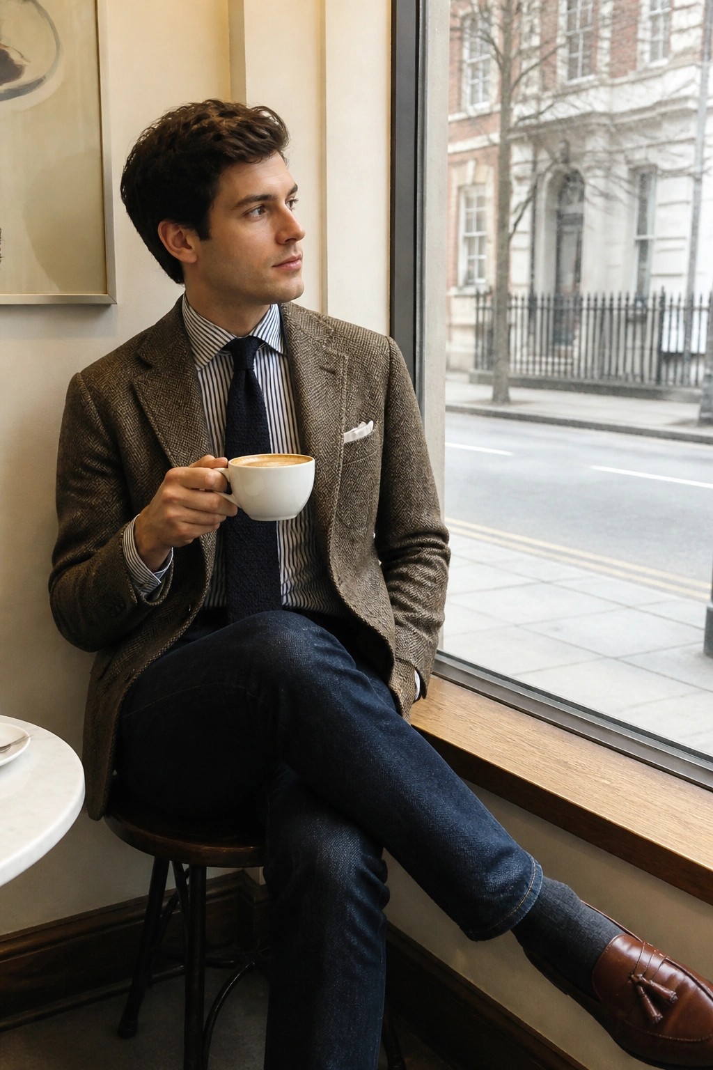 Young man in tweed blazer and tie holding coffee by cafe window
