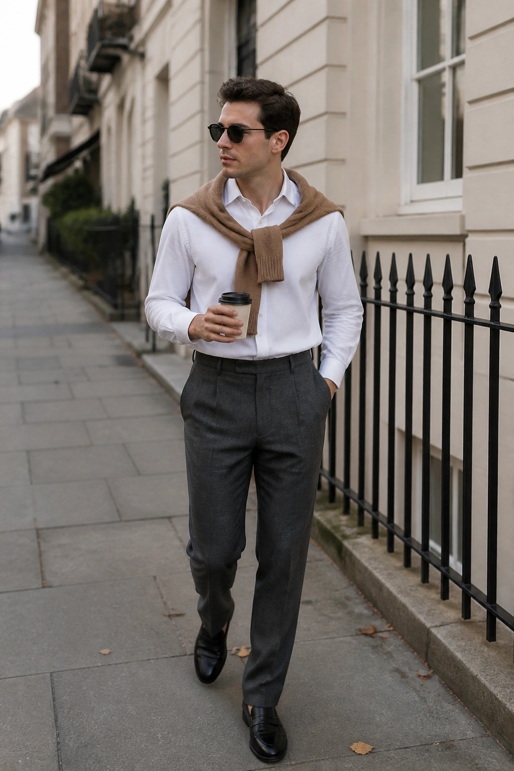 Man in white oxford shirt, brown scarf draped over shoulders, gray pleated trousers, and black loafers holding a coffee cup on a city sidewalk.
