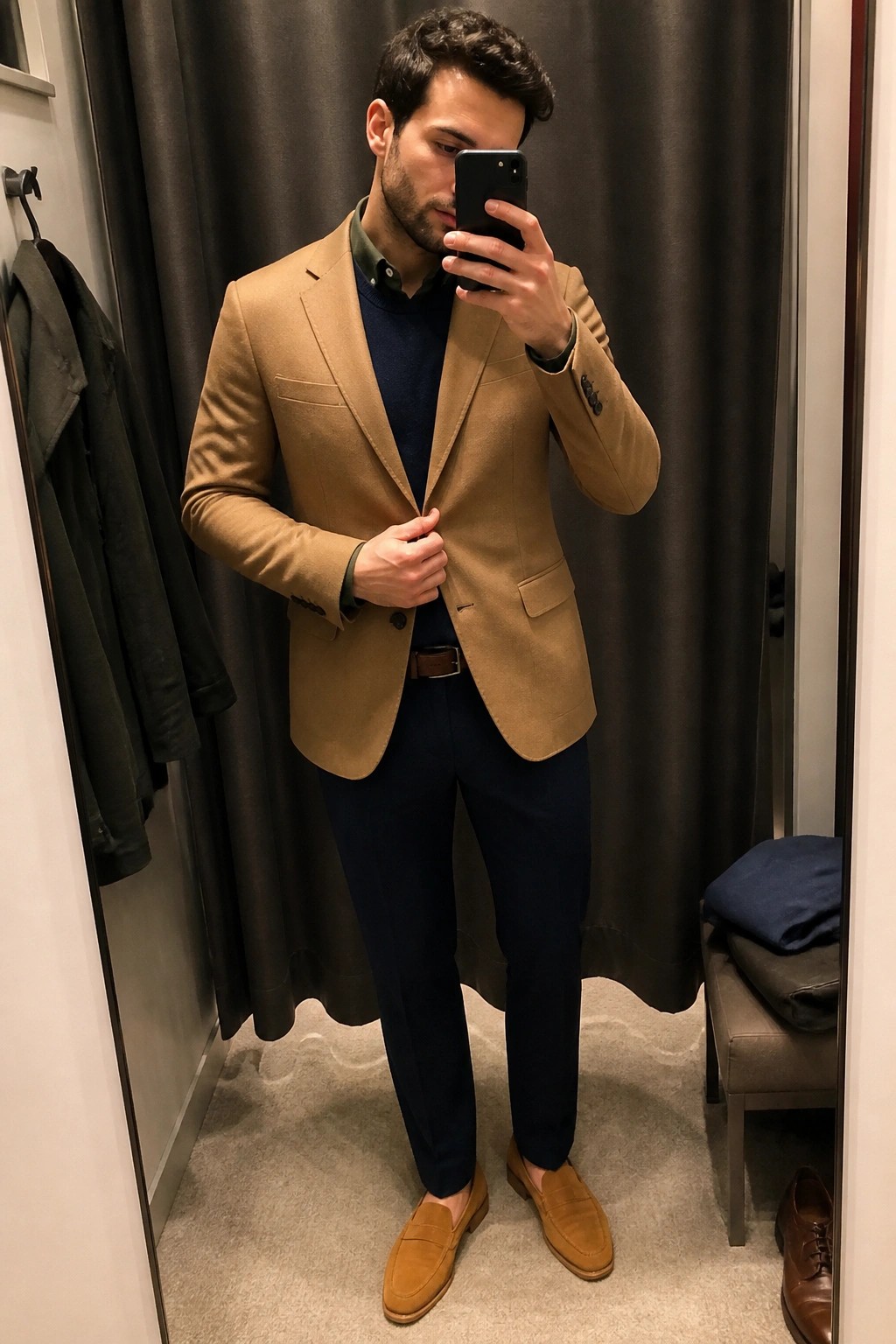 Man in tan blazer over navy sweater adjusts jacket in fitting room mirror selfie