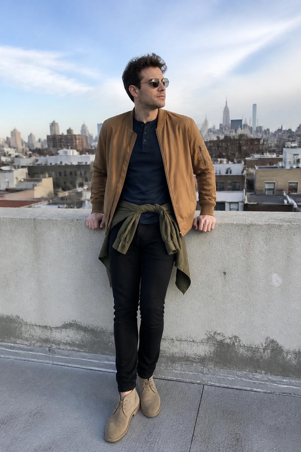 Man standing on rooftop wearing open camel bomber jacket over navy henley, olive shirt tied at waist, black pants, and beige suede boots with city skyline behind.